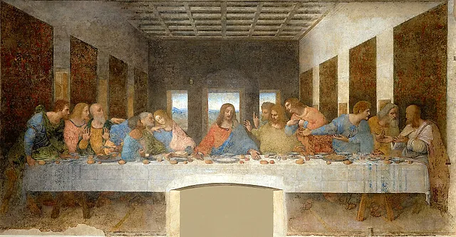 Leonardo da Vinci's The Last Supper: Christ at the centre of a long table with the twelve apostles in groups of three, under a coffered ceiling, with three windows on the back wall.